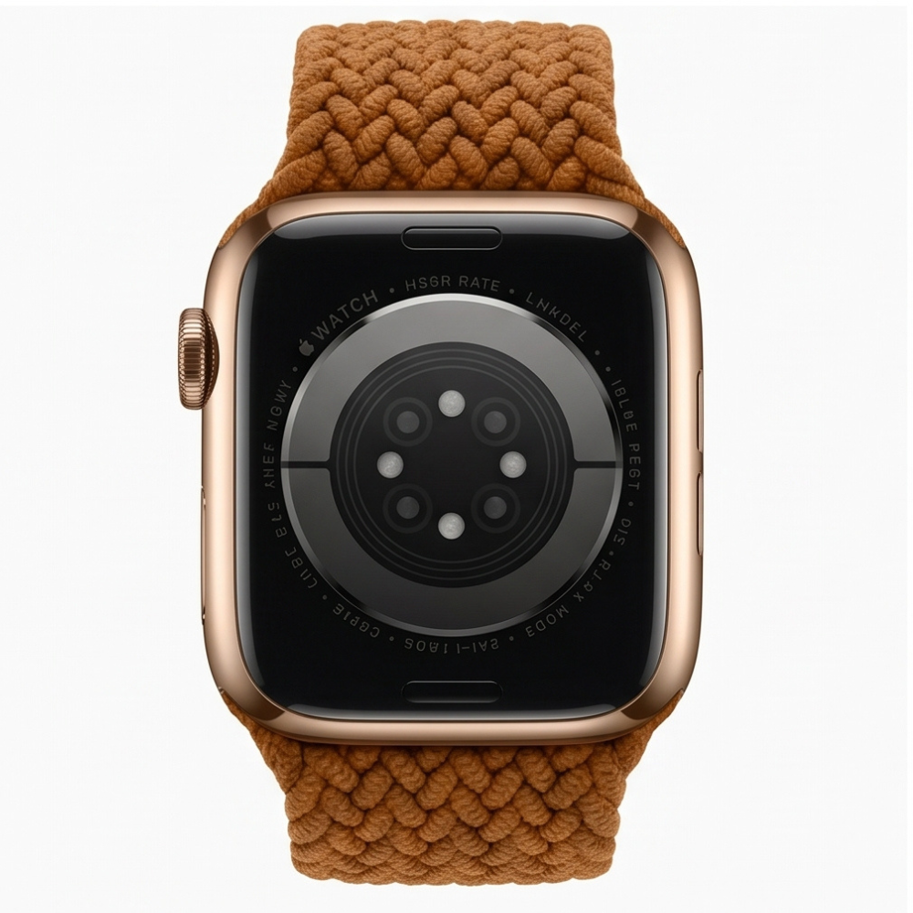 Close-up detail shot of an Apple Watch gold case with a rich caramel brown braided solo loop band, highlighting the woven fabric texture