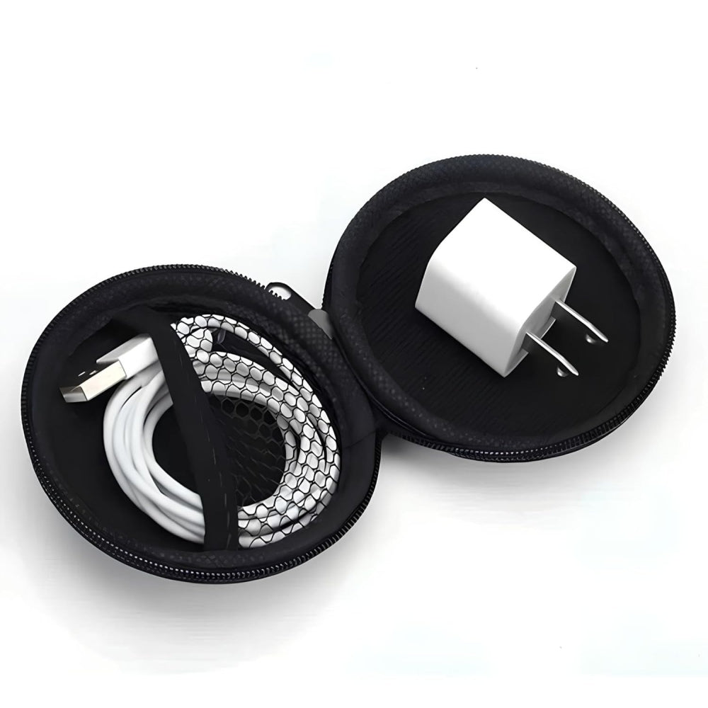 Portable round earphone pouch with zipper case for organizing wired earphones and chargers