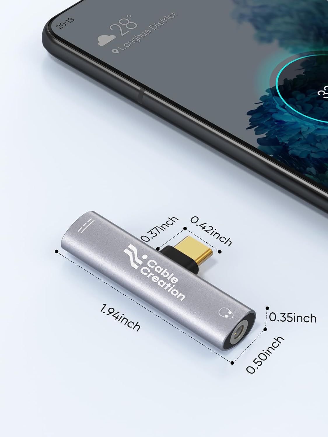 CableCreation USB-C to 3.5mm Headphone Jack Adapter with dimensions 1.94x0.50x0.42 inch aluminum body shown next to Android smartphone