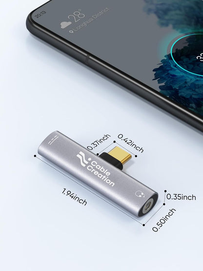 CableCreation USB-C to 3.5mm Headphone Jack Adapter with dimensions 1.94x0.50x0.42 inch aluminum body shown next to Android smartphone