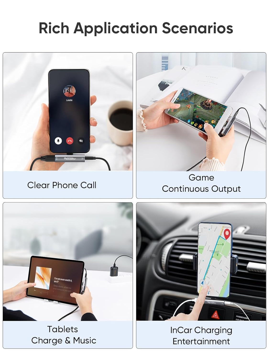 CableCreation USB-C Audio Adapter application scenarios - clear phone calls game audio tablet music and in-car charging entertainment