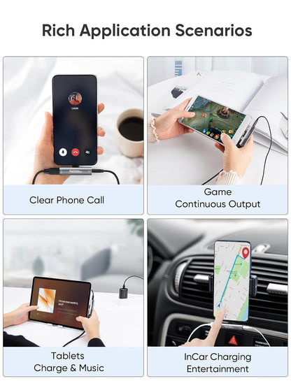 CableCreation USB-C Audio Adapter application scenarios - clear phone calls game audio tablet music and in-car charging entertainment