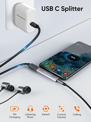CableCreation USB-C Splitter Adapter supporting simultaneous PD charging music listening volume control and phone calls with wired earphones