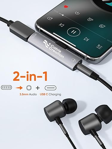 CableCreation 2-in-1 USB-C Adapter converting to 3.5mm audio jack and USB-C charging port simultaneously for wired earphones and smartphone charging