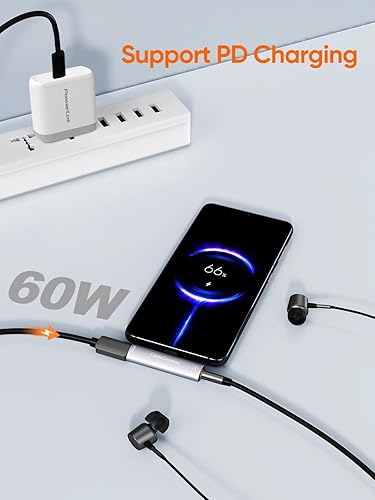 CableCreation USB-C Audio Adapter supporting 60W PD fast charging while listening to music through wired earphones connected to Android smartphone