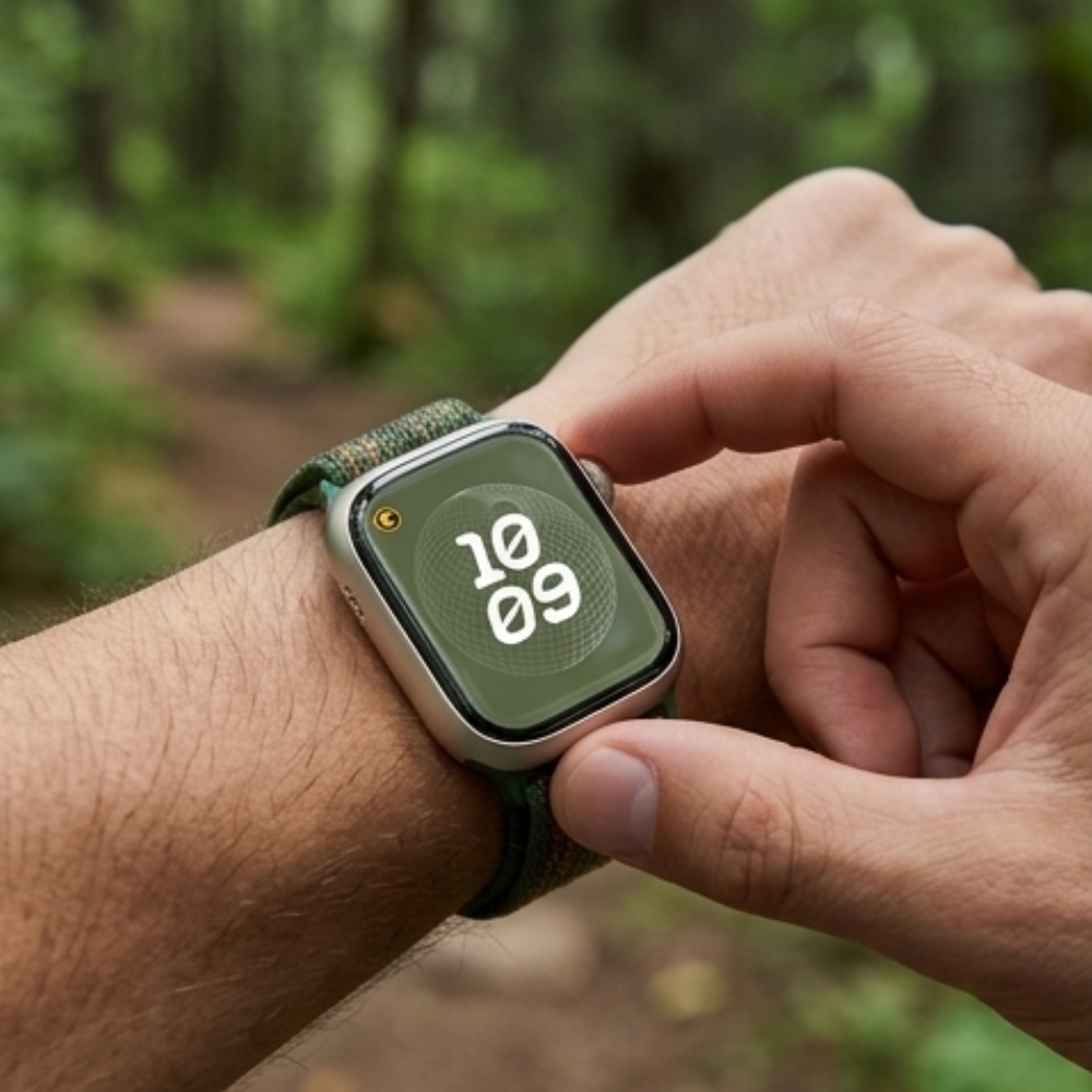Close-up of a person adjusting Apple Watch with olive green sport loop band on their wrist outdoors on a hiking trail