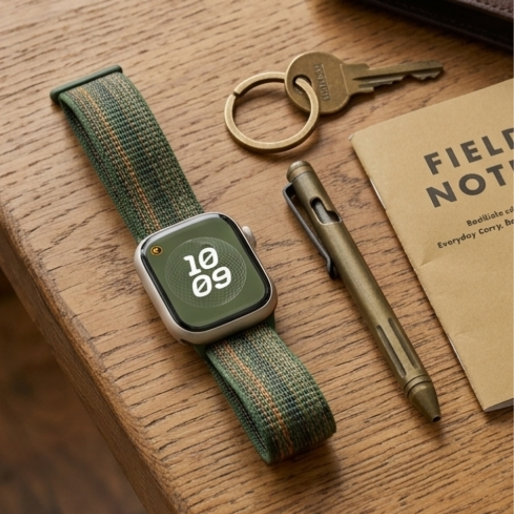 Apple Watch with olive green woven sport loop band laid flat on a Field Notes notebook beside a pen and keyring