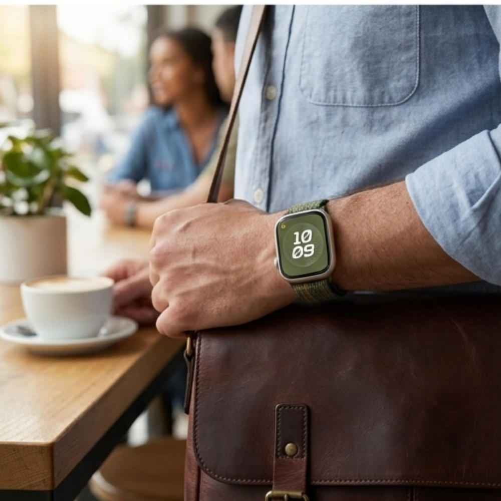 Person in a casual denim shirt wearing Apple Watch with olive green sport loop band, carrying a brown leather bag in a café setting