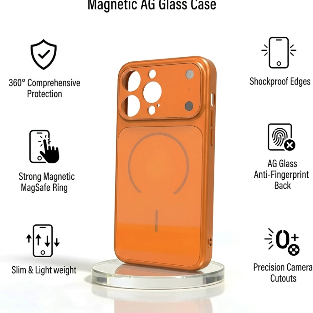GRUNX Ronix orange case snapping onto MagSafe wireless charger showing precise magnetic alignment and orange finish