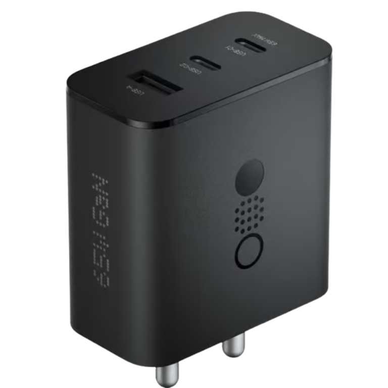 GRUNX Nothing 65W GaN fast charger adapter 3 ports compact design on clean Indian office desk setup