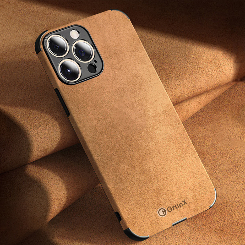 Close-up of lambskin iPhone leather case. light brown