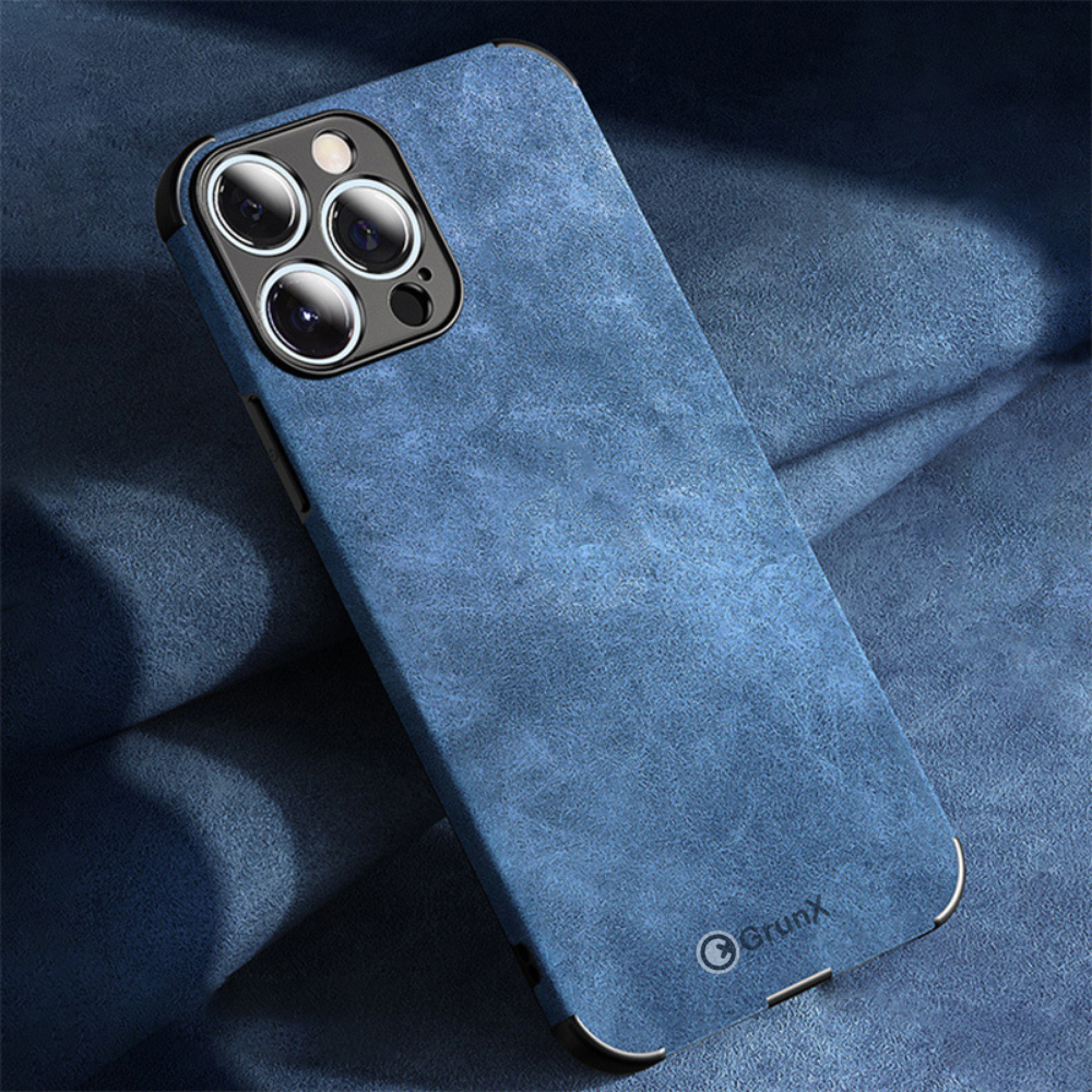 Close-up of lambskin iPhone leather case.  Blue