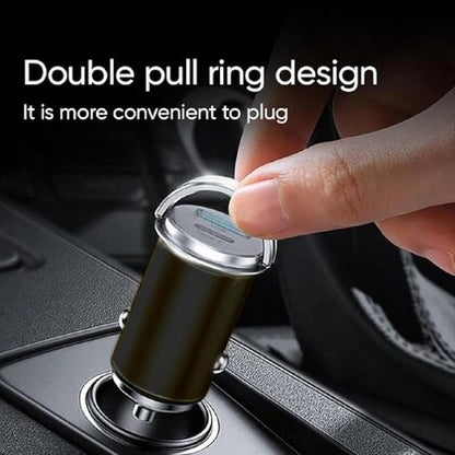 GRUNX Cool 2.0 85W compact metallic car charger pull ring design showing flush fit in cigarette lighter socket India