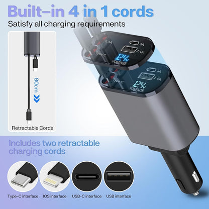 Grunx Cool Pro charger angled view highlighting retractable cable mechanism extending from body and LED screen glowing blue in low-light car environment