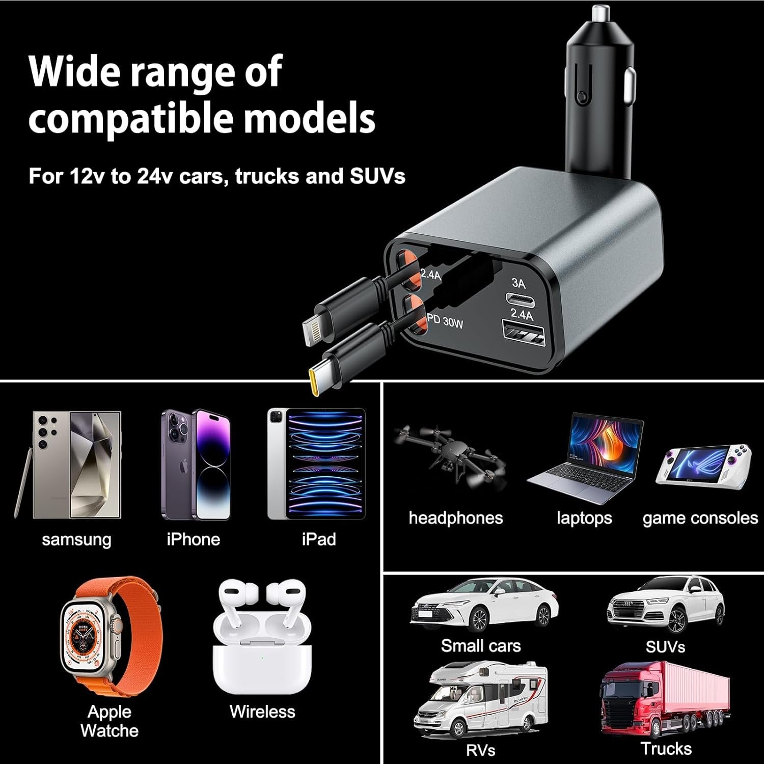 GRUNX car charger digital voltage display metal body fast charging
