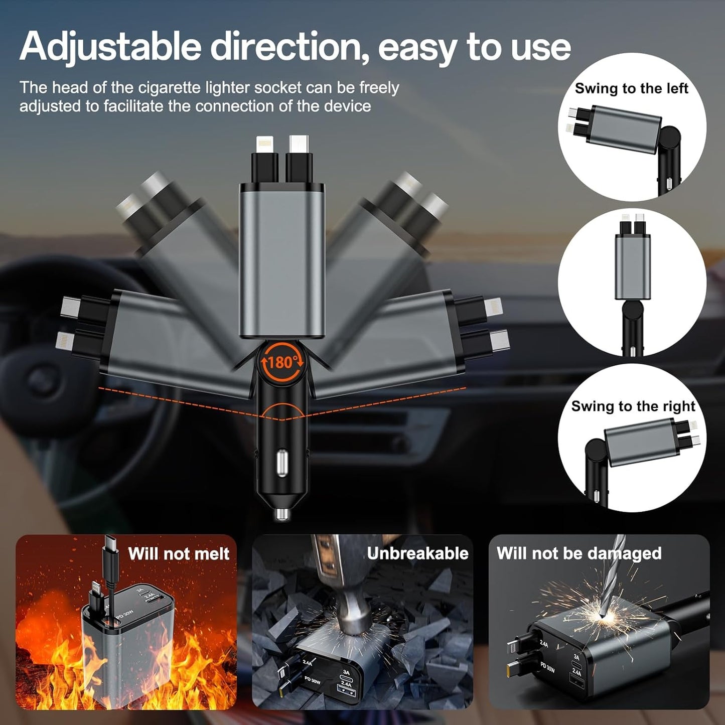 GRUNX car charger installed in car socket with LED display charging devices
