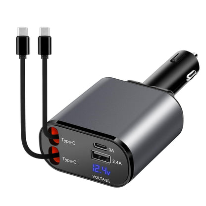Close-up of Grunx Cool Pro 120W car charger port panel with one cable extended, LED status light, and robust aluminum build finish