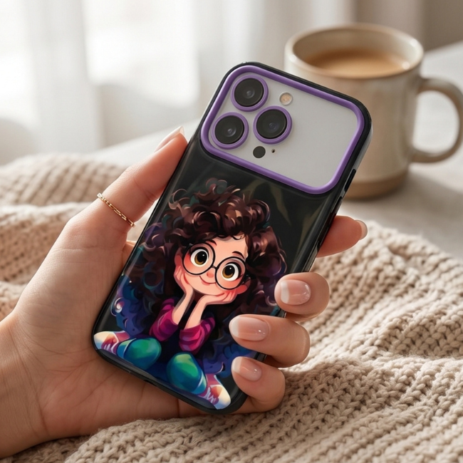 Animated character iPhone case with purple frame held in hand near coffee mug, showcasing colorful cartoon girl design with protective camera ring