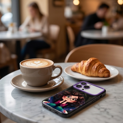 Animated character iPhone case with vibrant purple design positioned at café table next to cappuccino, croissant, and cozy ambiance