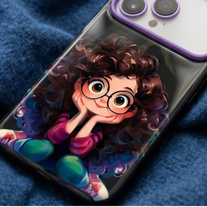 Close-up of animated character iPhone case with purple frame showing detailed colorful cartoon girl illustration and protective camera lens design