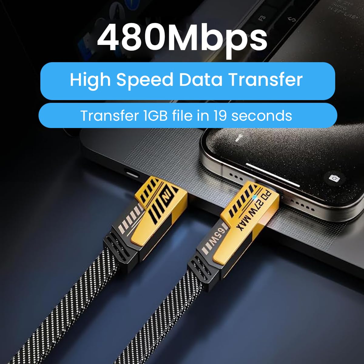 Charging Cable All Devices Android and Apple Devices 1.2 Meter Black and Yellow HIgh Speed Data Transfer Daily GrunX in India