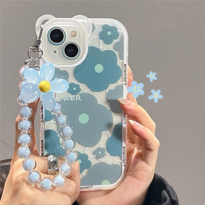 Blue flower transparent iPhone case with beaded wrist strap cute aesthetic cover