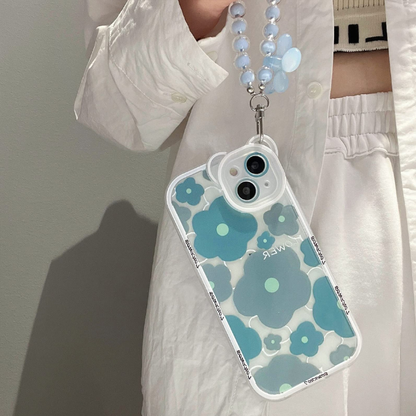 Stylish blue floral iPhone case with wrist strap aesthetic transparent phone case