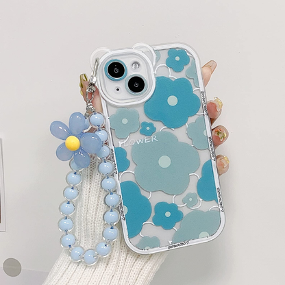 Cute blue flower iPhone case with beaded lanyard shockproof clear phone cover