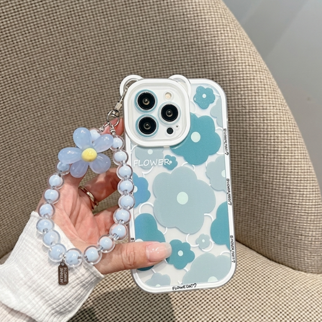 Floral blue iPhone case with pearl hand strap soft silicone transparent back cover