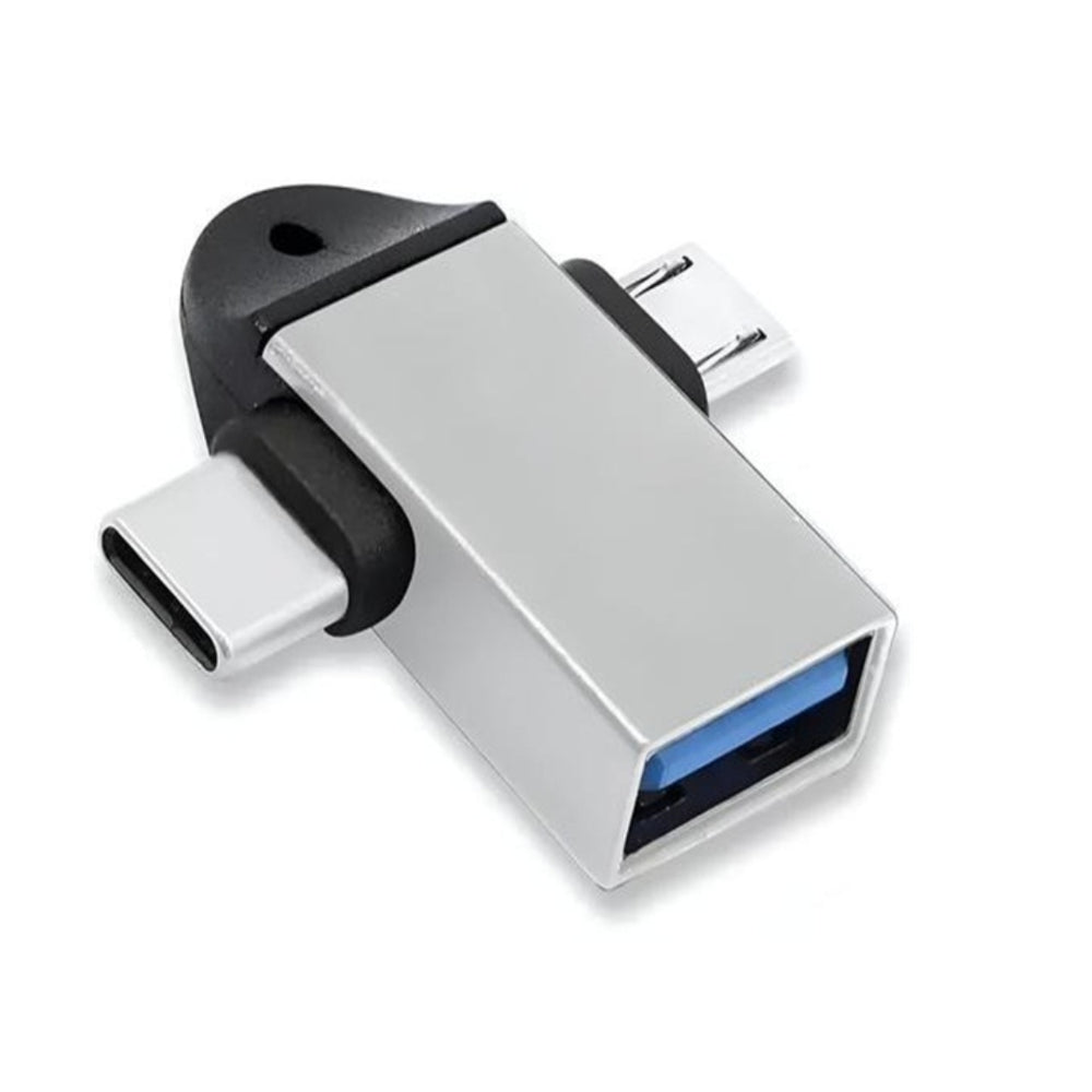 Duo Link 2-in-1 Metal OTG Adapter featuring USB-A and Micro USB connectors for seamless data transfer – available at GrunX