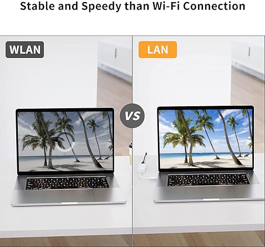 USB C Ethernet adapter LAN vs WLAN comparison showing stable faster wired internet connection over WiFi on laptop
