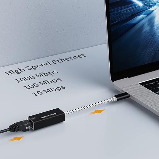 USB C to RJ45 Gigabit Ethernet adapter supporting 1000Mbps 100Mbps 10Mbps high speed wired internet connection for laptop