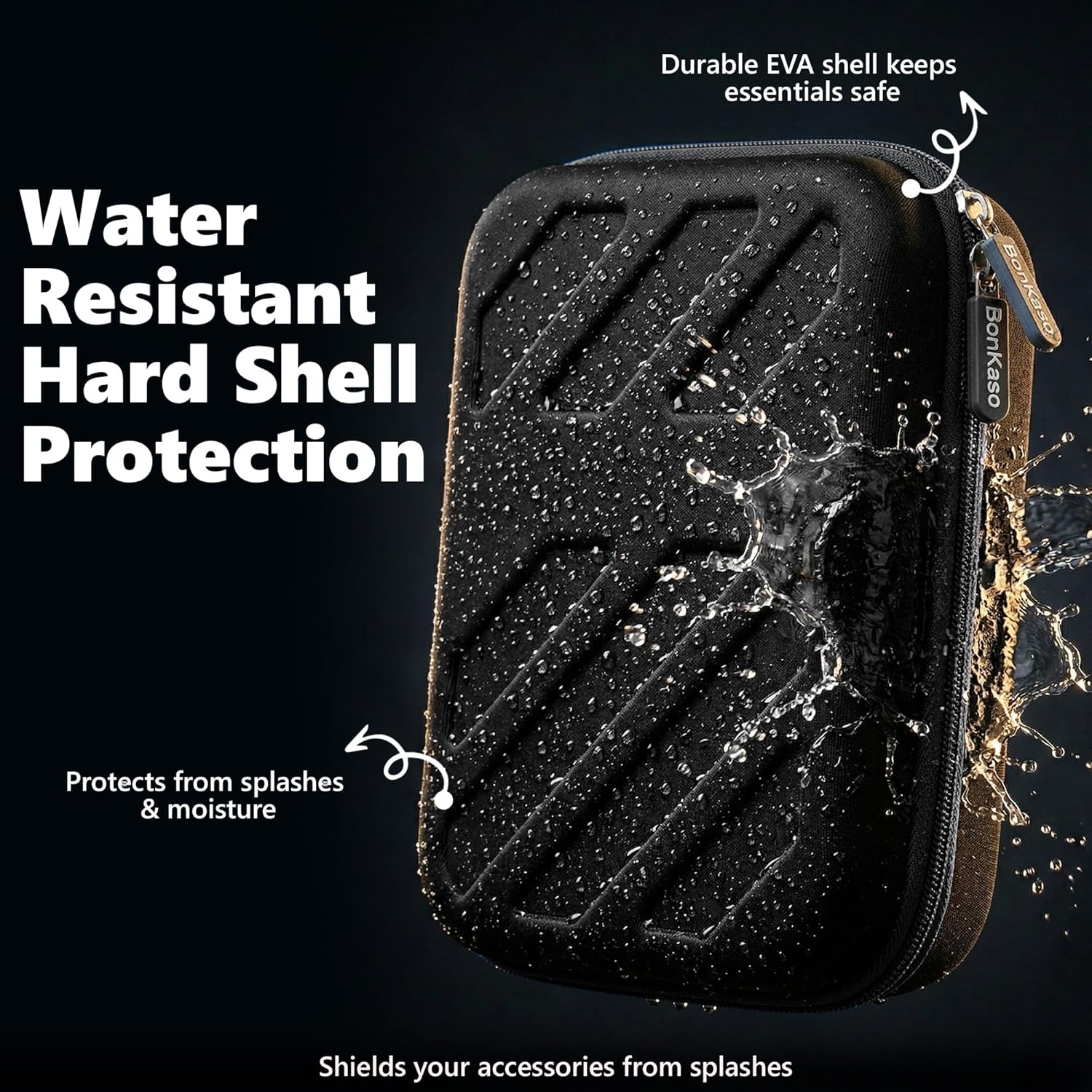 water resistant hard shell EVA tech organizer case, protects accessories from splashes and moisture
