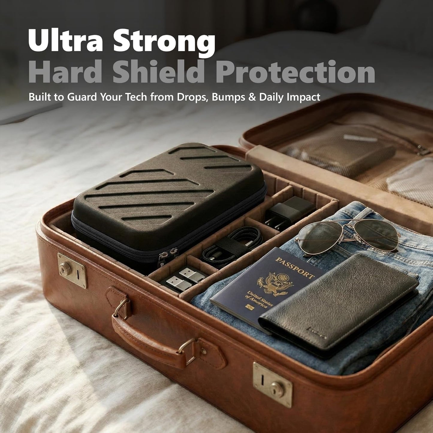 ultra strong hard shell case packed inside suitcase alongside passport, sunglasses, and travel essentials