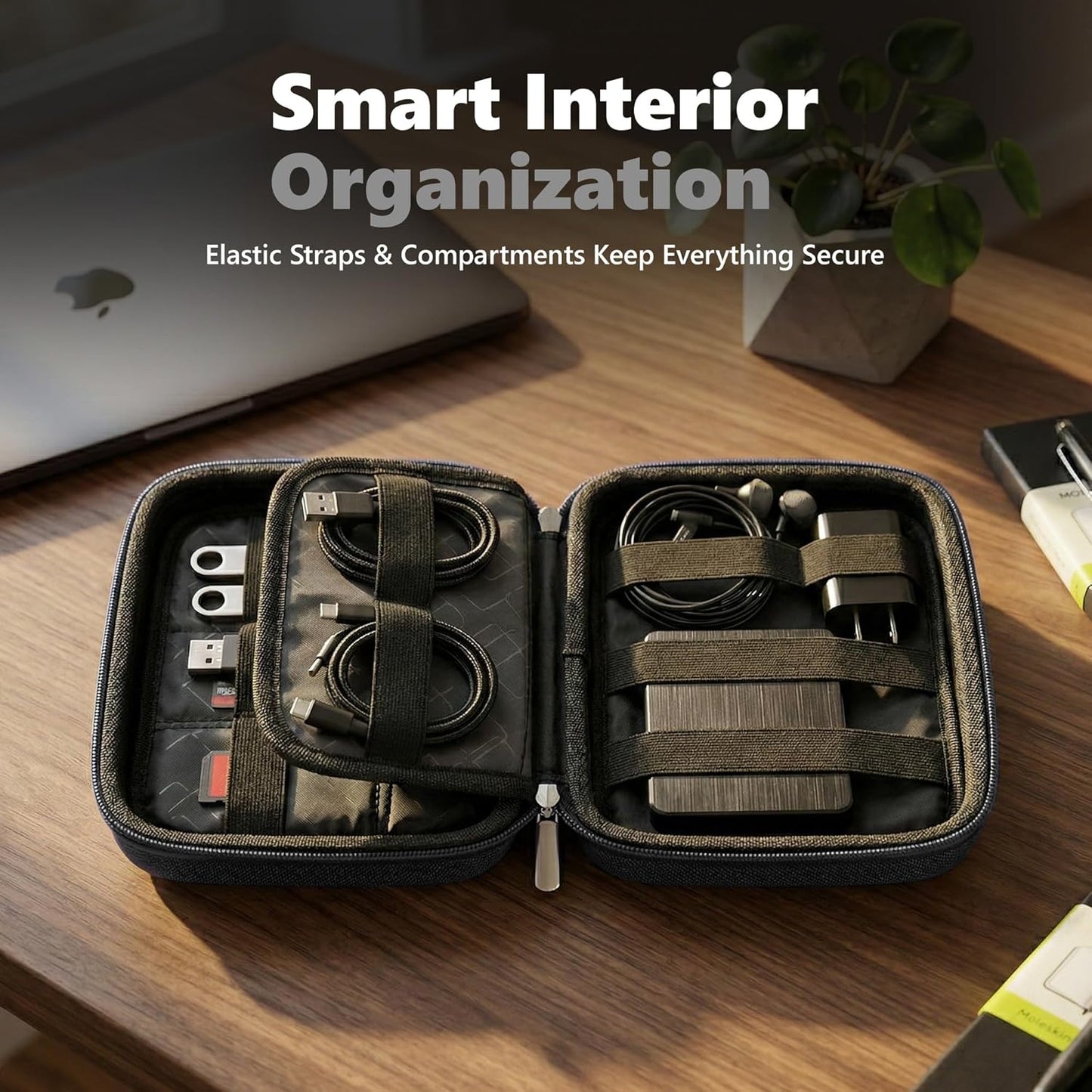 tech organizer case open interior with elastic straps holding cables, USB drives, memory cards, and power bank