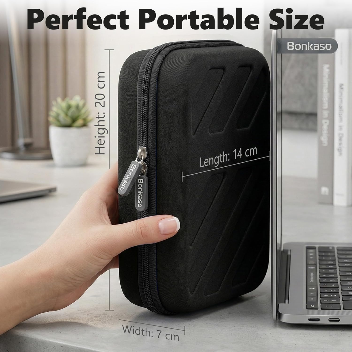 hard shell tech case perfect portable size, 20cm height by 14cm length by 7cm width, shown next to laptop