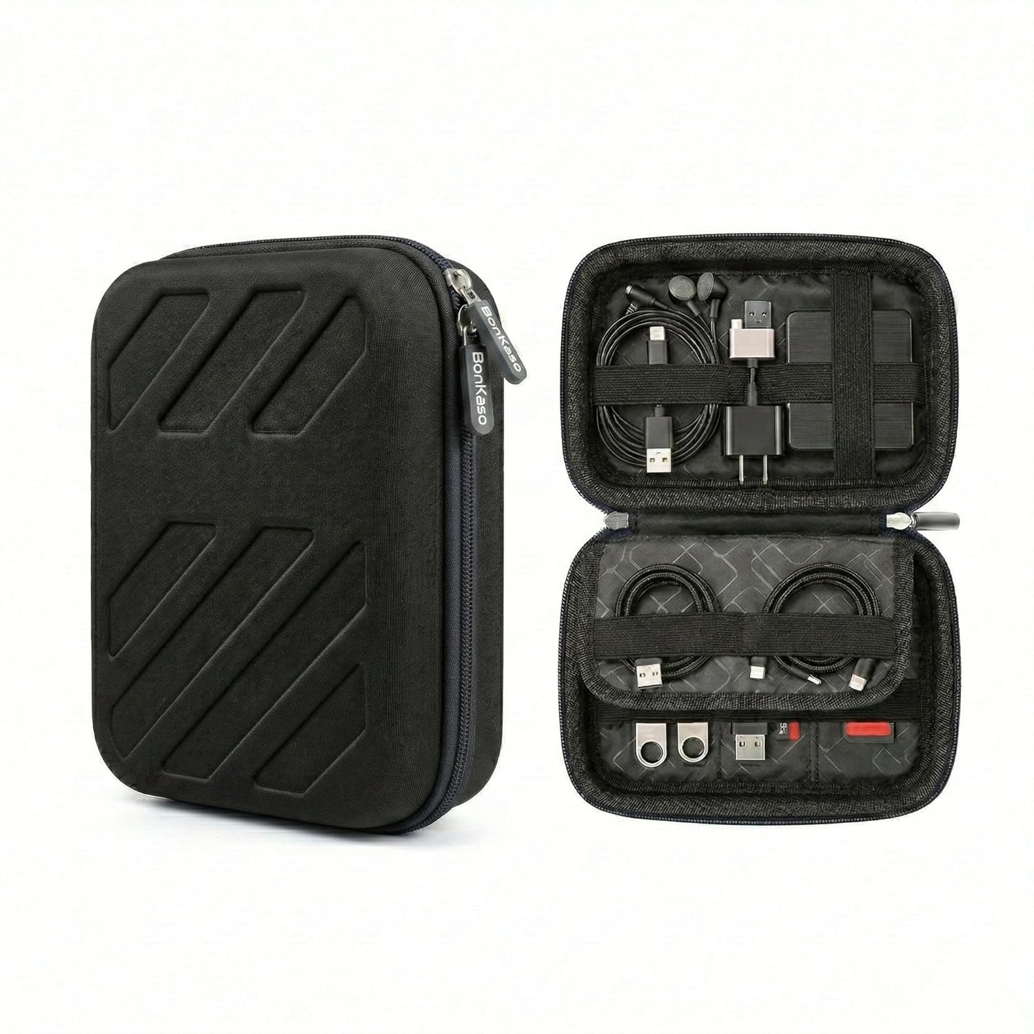 black hard shell tech organizer case closed exterior and open interior view with cables, earphones, USB drives, and charger
