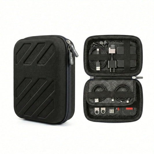 black hard shell tech organizer case closed exterior and open interior view with cables, earphones, USB drives, and charger