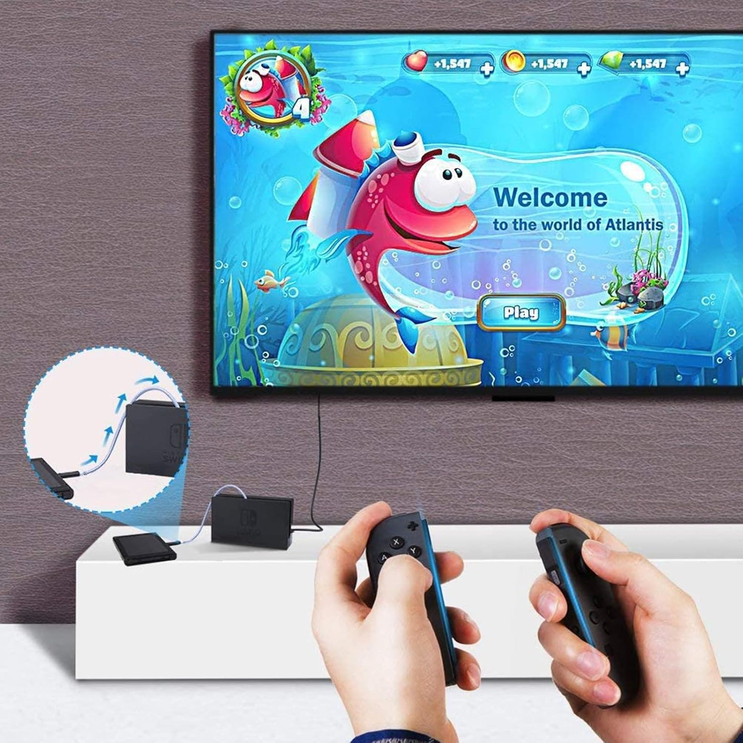 USB-C extension cable connecting Nintendo Switch to large TV screen for immersive gaming experience using Joy-Con controllers