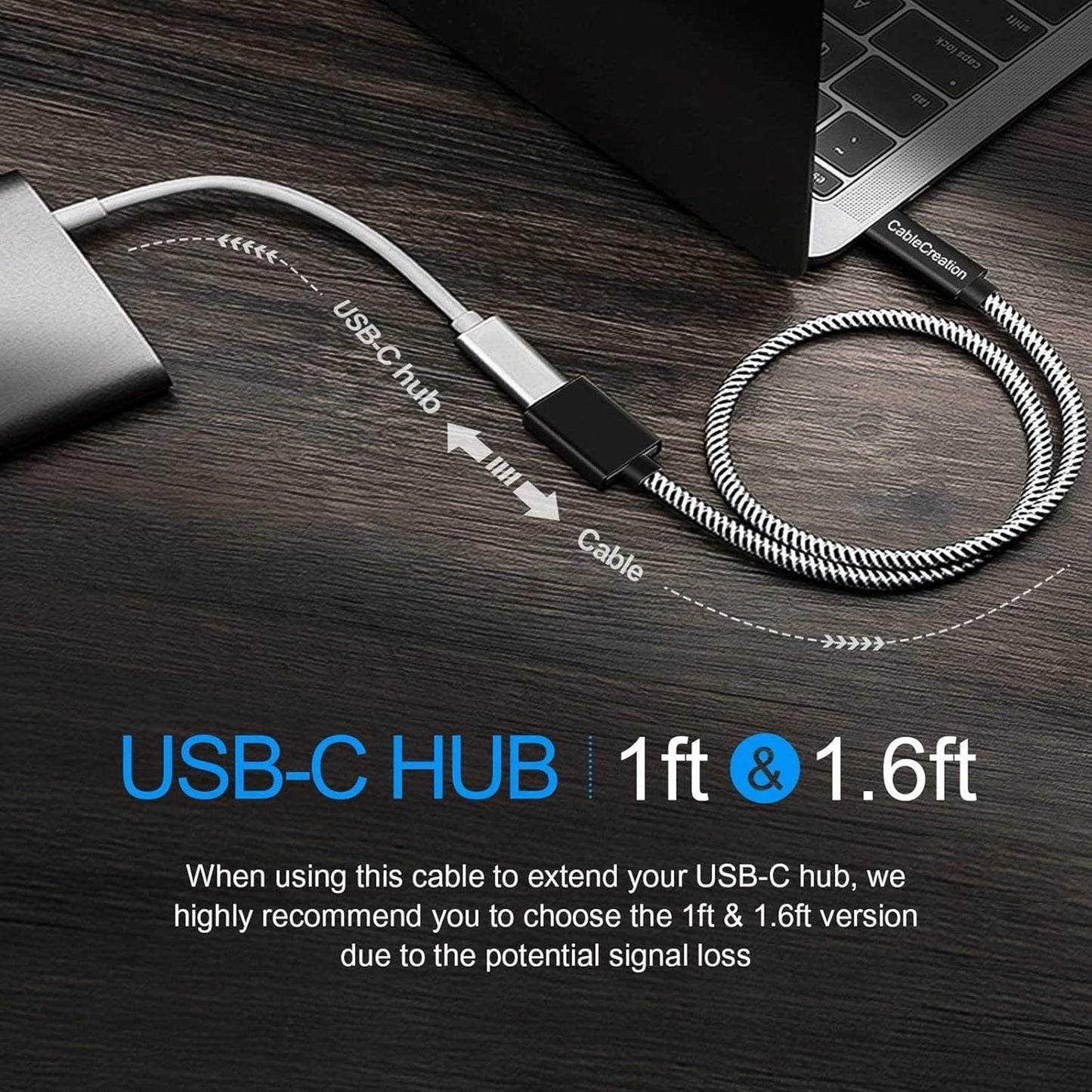 USB-C male to female extension cable 1ft and 1.6ft recommended lengths for extending USB-C hub connected to MacBook with minimal signal loss