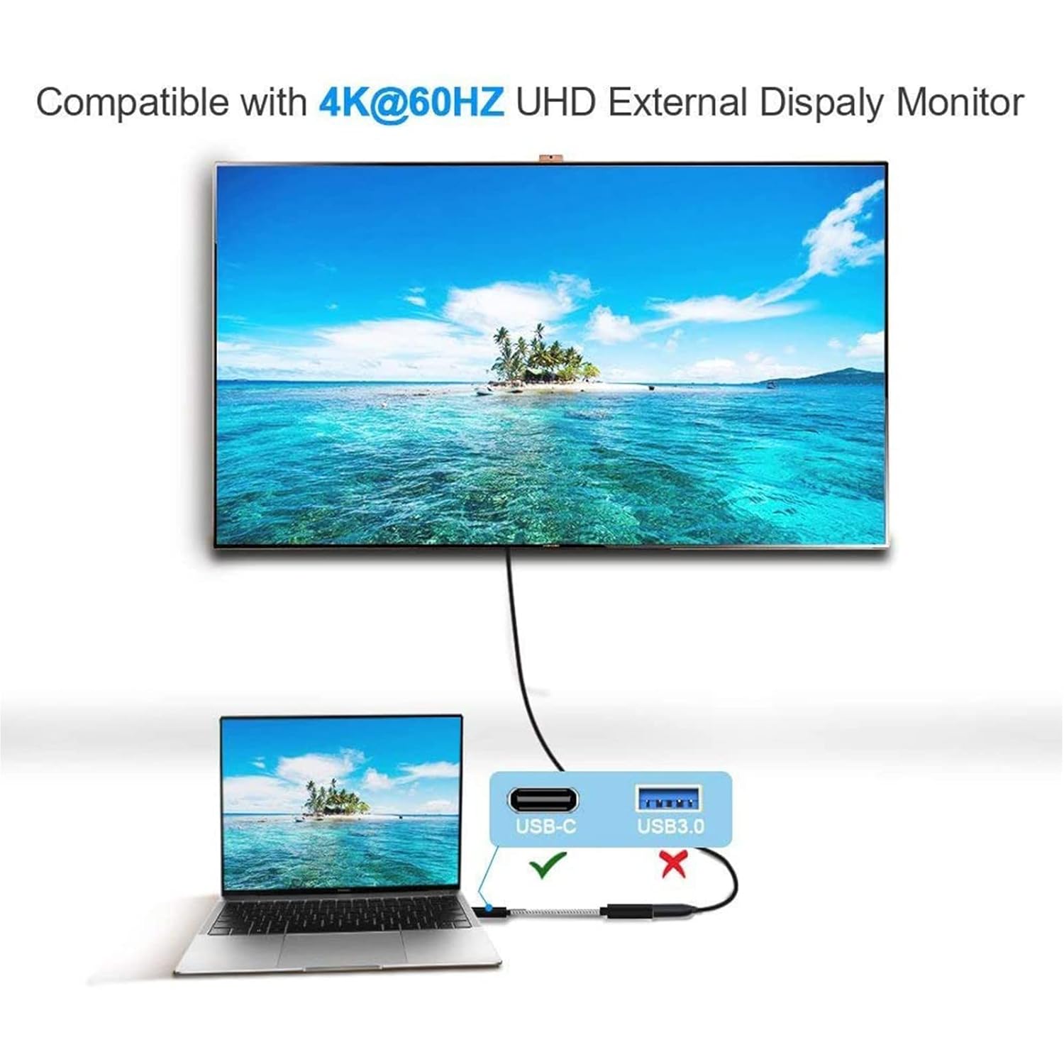 USB-C extension cable supporting 4K at 60Hz UHD output connecting laptop to large external display monitor requires USB-C port not USB 3.0