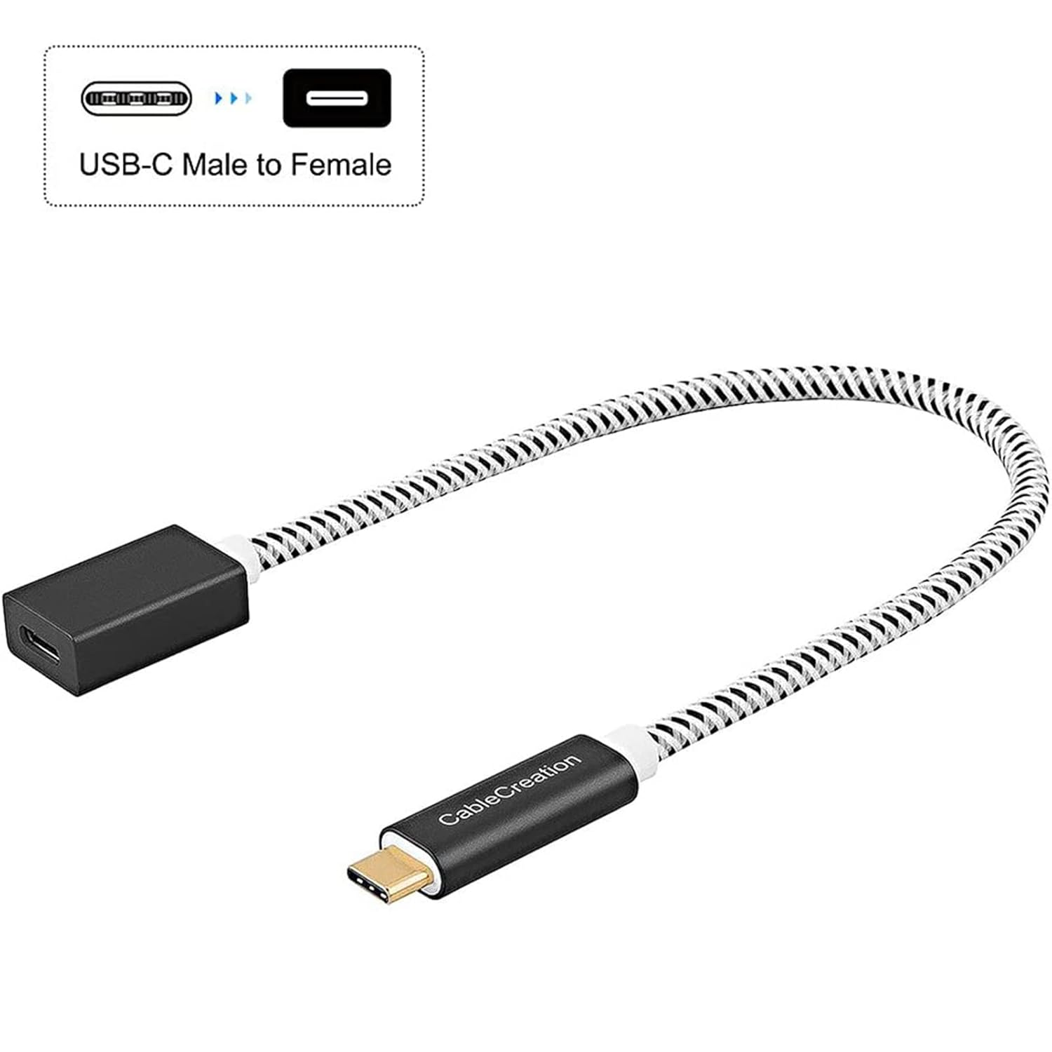 USB-C male to USB-C female extension cable with black and white nylon braided jacket and gold-plated connector on white background