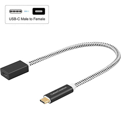 USB-C male to USB-C female extension cable with black and white nylon braided jacket and gold-plated connector on white background