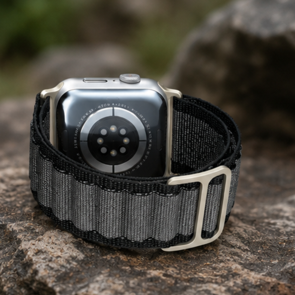Apple Watch Ultra with charcoal grey woven alpine loop band standing upright on a rock outdoors, showing the silver G-hook buckle detail