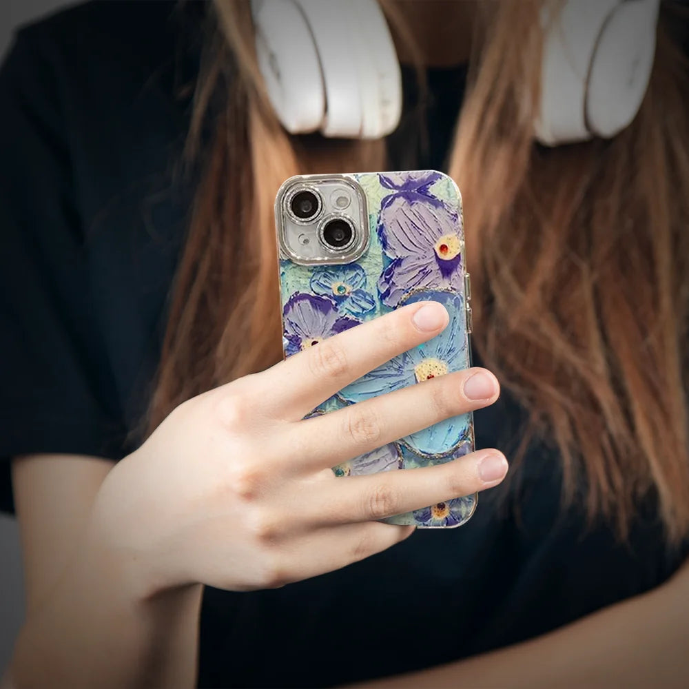 Eliza - Girls Colorful Retro Oil Painting Butterfly Design Shiny Diamond Blue Flower iPhone Case