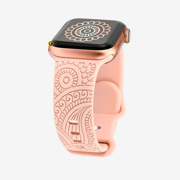 GRUNX Barbie pink Apple Watch strap on wrist showing intricate floral engraved pattern Indian feminine lifestyle