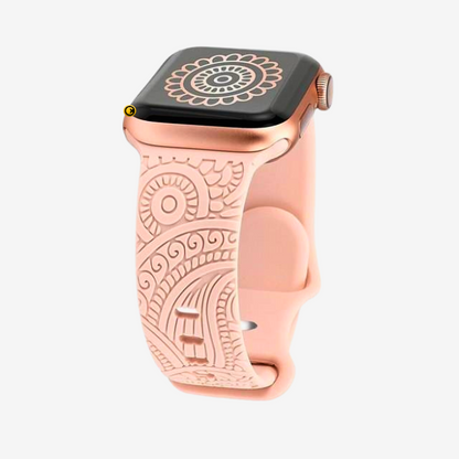 GRUNX Barbie pink Apple Watch strap on wrist showing intricate floral engraved pattern Indian feminine lifestyle