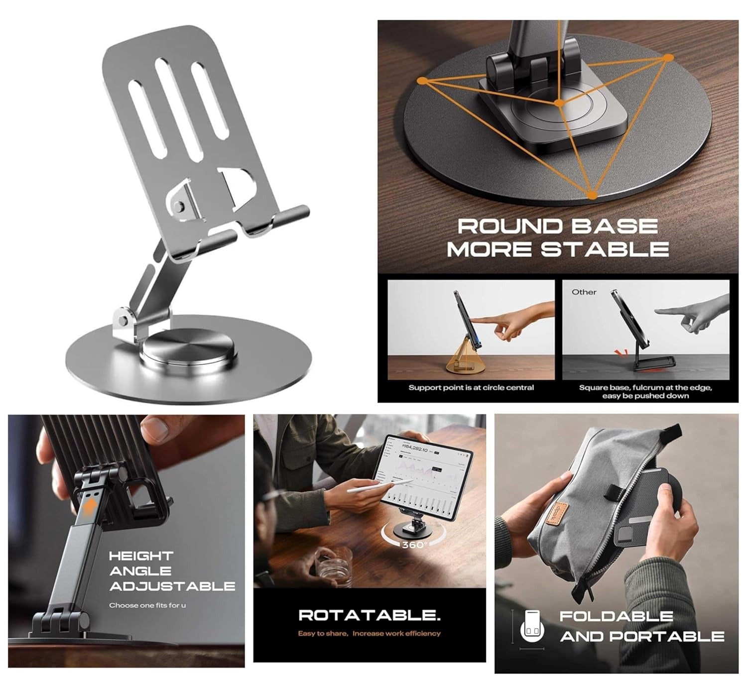 Flexo aluminum desktop stand showing anti-slip weighted base and smooth rotation mechanism for iPhone iPad universal compatibility India