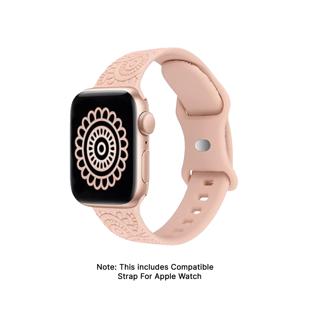 GRUNX A pink-banded Apple Watch displaying a flower image, highlighting fashionable Apple Watch straps.