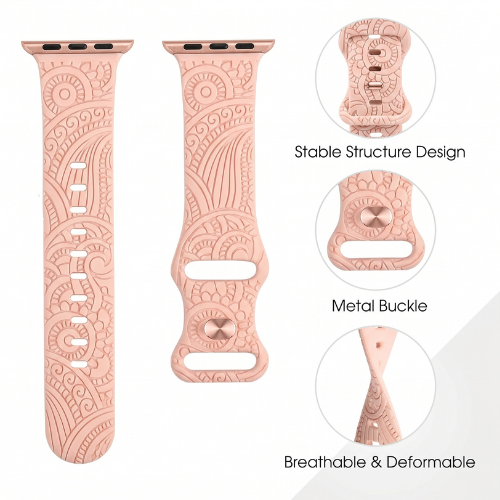 GrunX Barbie Pink Floral Engraved Apple Watch Strap – Bohemian Mandala Pattern Silicone Band with Metal Buckle, Breathable Stable Structure Design for Apple Watch